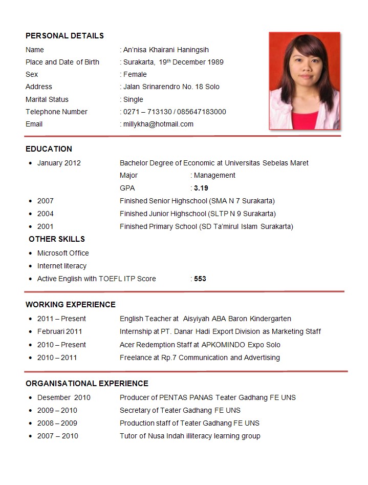Sample of c v or resume
