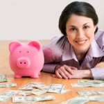 Tips for saving money - mom with piggy bank